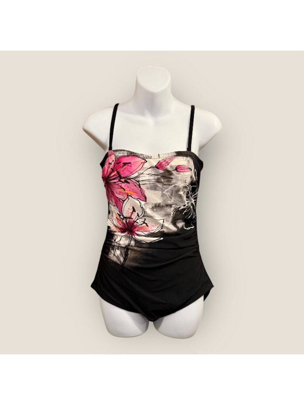 Christina Womens Floral Black One Piece Swimsuit Adjustable Straps Sz 10L Swim